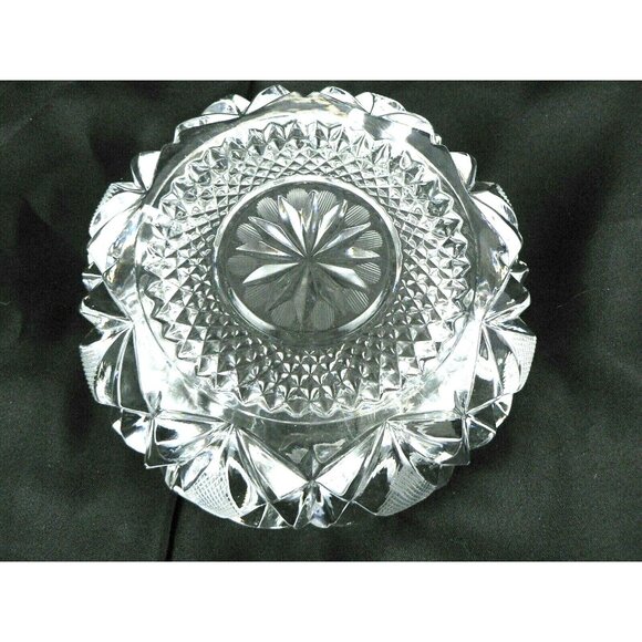 Vintage Pressed Glass Ashtray With Etched Geometric Pattern & Four Slots 6" Dia - Picture 2 of 8
